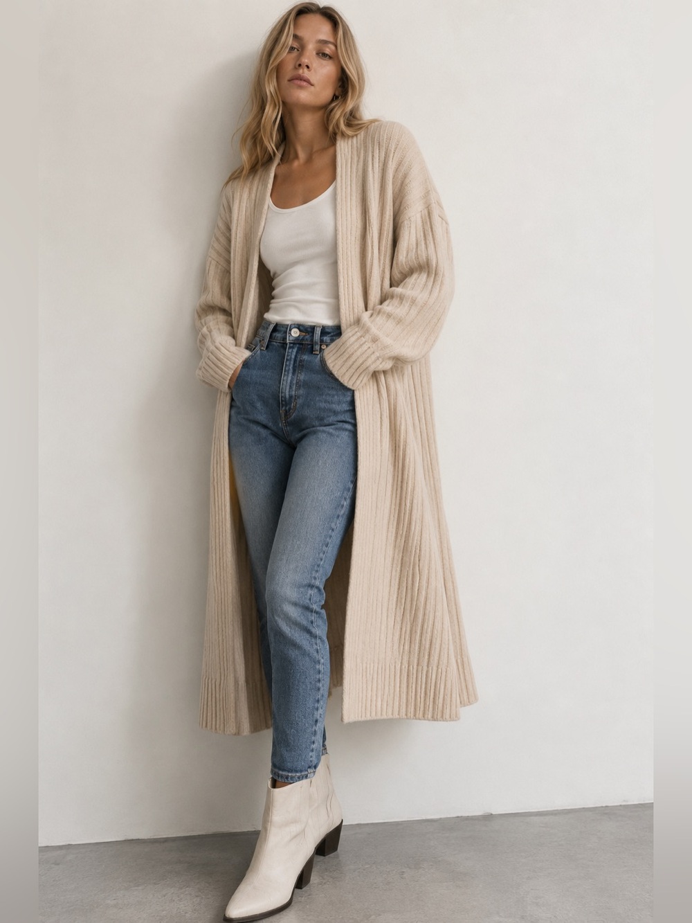 H&M Wool Blend Maxi Long Open-Front Ribbed Thick Knit Cardigan Sweater Coatigan